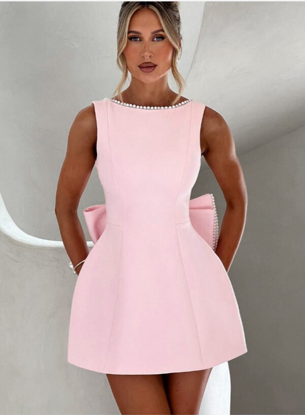 Fashion Big-Bowed Pearls Backless Dress Summer Slim Sleeveless A-line Dresses For Party Evening