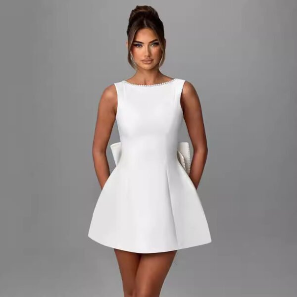 Fashion Big-Bowed Pearls Backless Dress Summer Slim Sleeveless A-line Dresses For Party Evening