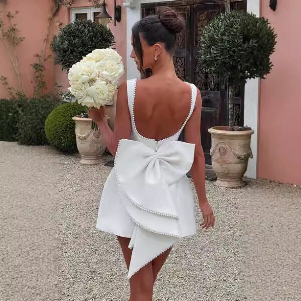 Fashion Big-Bowed Pearls Backless Dress Summer Slim Sleeveless A-line Dresses For Party Evening