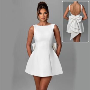 Fashion Big-Bowed Pearls Backless Dress Summer Slim Sleeveless A-line Dresses For Party Evening